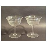 2 Crystal Champagne Coupes Etched Zigzag Pattern