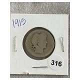 1915 Barber Quarter Silver Coin