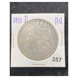 1921 D AU Morgan Silver Dollar Coin