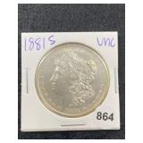 1881 S UNC Morgan Silver Dollar Coin