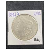 1921 S UNC Morgan Silver Dollar Coin