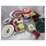 Christmas themed dishes, and paper goods