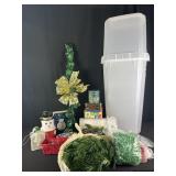 Assortment of Christmas decorations & tote