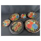 8PC Mexico Wooden Hand Painted Floral Rose Trays