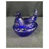 Blue glass chicken candy basket