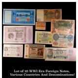 Lot of 10 WWI Era Foreign Notes, Various Countries