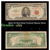 1963 $5 Red Seal United States Note Grades vf+