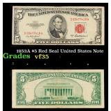 1953A $5 Red Seal United States Note Grades vf++