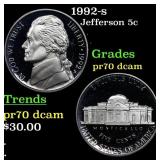 1992-s Proof Jefferson Nickel 5c pr70 dcam SEGS