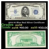 1934 $5 Blue Seal Silver Certificate Grades Choice