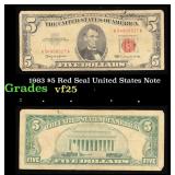 1963 $5 Red Seal United States Note Grades vf+