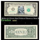 Biden $1 Green Seal Federal Reserve Note Grades Br