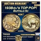 *Highlight* 1938-d/s Buffalo Nickel TOP POP! 5c ms