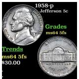 1958-p Jefferson Nickel 5c Grades Choice Unc 5fs