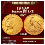 1913-p Gold Indian Quarter Eagle $2 1/2 ms64+ SEGS