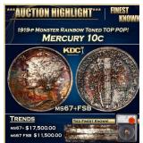 1919-p Mercury Dime Monster Rainbow Toned TOP POP!