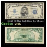 1934C $5 Blue Seal Silver Certificate Grades vf+