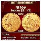 YO 1914-p Gold Indian Quarter Eagle $2 1/2 ms65 SE