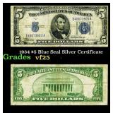 1934 $5 Blue Seal Silver Certificate Grades vf+