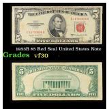 1953B $5 Red Seal United States Note Grades vf++