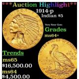 *Highlight* 1914-p Gold Indian Half Eagle $5 Choic