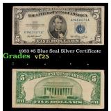 1953 $5 Blue Seal Silver Certificate Grades vf+