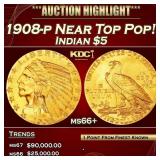 YO 1908-p Gold Indian Half Eagle Near Top Pop! $5