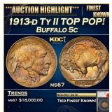 1913-d Ty II Buffalo Nickel TOP POP! 5c ms67 SEGS