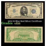 1934 $5 Blue Seal Silver Certificate Grades vf+