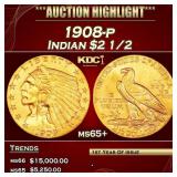 YO 1908-p Gold Indian Quarter Eagle $2 1/2 ms65+ S