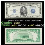 1934 $5 Blue Seal Silver Certificate Grades Select