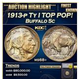 1913-p Ty I Buffalo Nickel TOP POP! 5c ms68+ SEGS