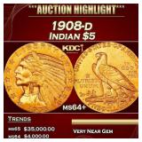 IC 1908-d Gold Indian Half Eagle $5 Choice+ Unc US