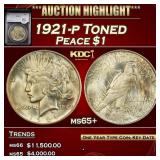 YC 1921-p Peace Dollar Toned $1 ms65+ SEGS