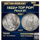 YC 1922-p Peace Dollar TOP POP! $1 ms67 SEGS