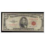 1953B $5 Red Seal United States Note Grades vf+