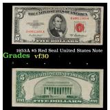 1953A $5 Red Seal United States Note Grades vf++