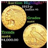 *Highlight* 1913-p Gold Indian Half Eagle $5 Choic