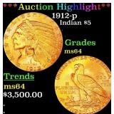 *Highlight* 1912-p Gold Indian Half Eagle $5 Choic