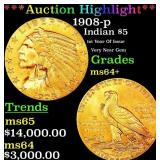 *Highlight* 1908-p Gold Indian Half Eagle $5 Choic