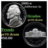 1991-s Proof Jefferson Nickel 5c pr70 dcam SEGS