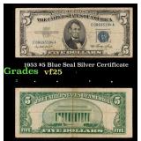 1953 $5 Blue Seal Silver Certificate Grades vf+