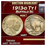 1913-d Ty I Buffalo Nickel 5c ms67 SEGS