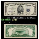 1953 $5 Blue Seal Silver Certificate Grades xf+