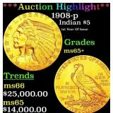 *Highlight* 1908-p Gold Indian Half Eagle $5 GEM+