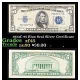 1934C $5 Blue Seal Silver Certificate Grades xf+