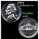 1964 Proof Jefferson Nickel 5c Grades GEM++ Proof