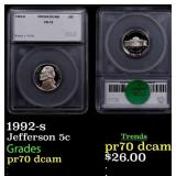 1992-s Proof Jefferson Nickel 5c pr70 dcam SEGS