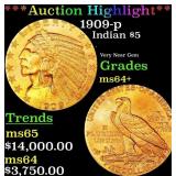 *Highlight* 1909-p Gold Indian Half Eagle $5 Choic