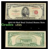 1953 $5 Red Seal United States Note Grades vf+